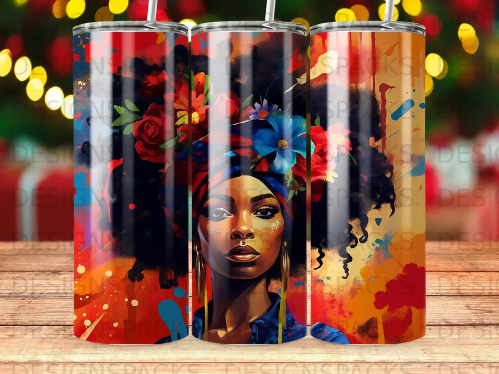 Woman with colorful floral headdress and earrings on abstract background.