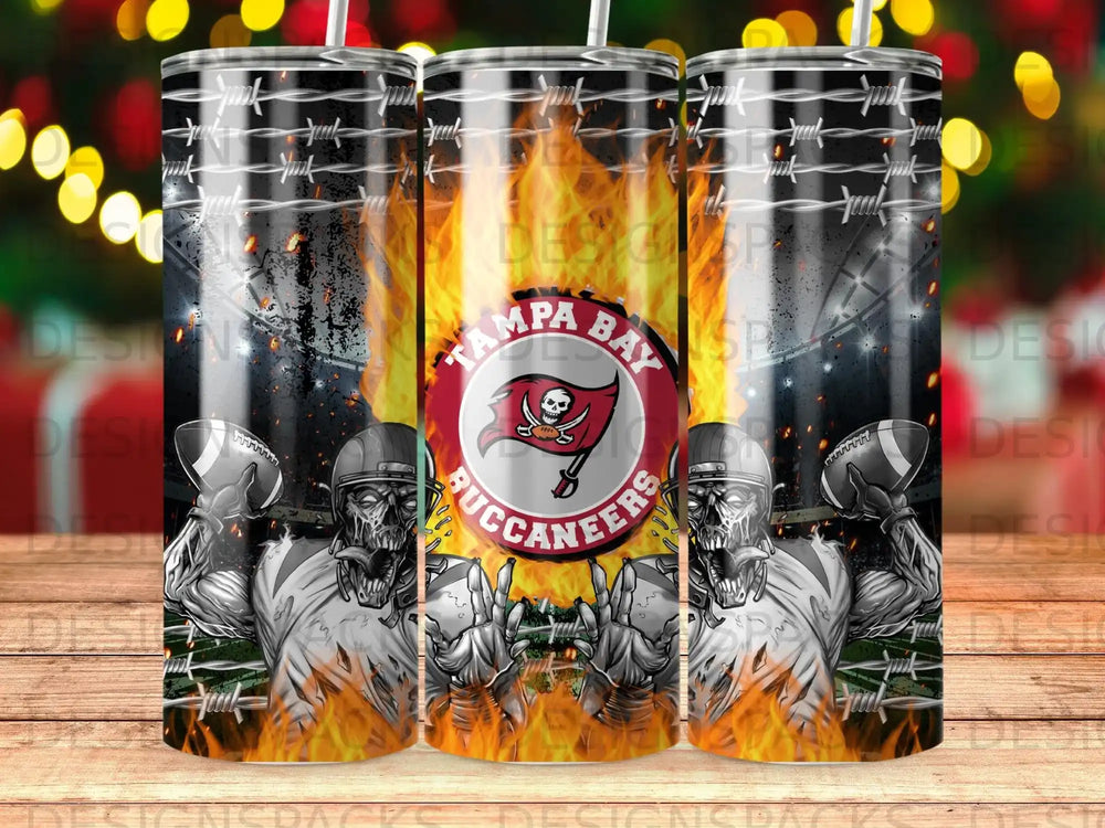 Tampa Bay Buccaneers skull themed tumbler with football helmets and barbed wire.