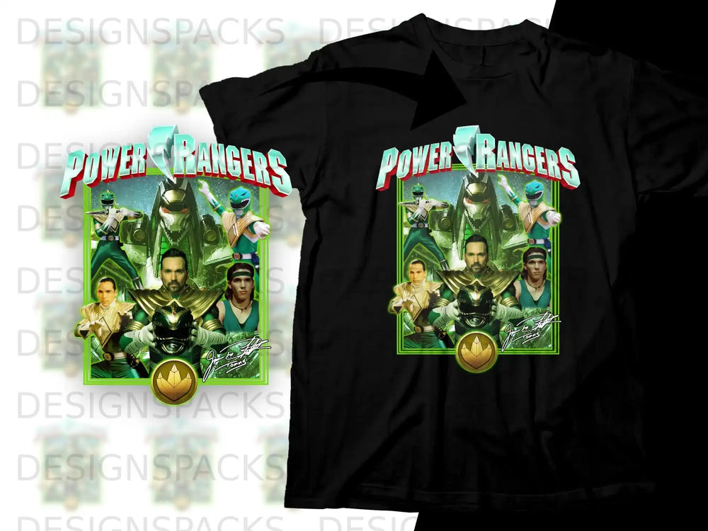 Power Rangers t-shirt graphic with five rangers in formation.