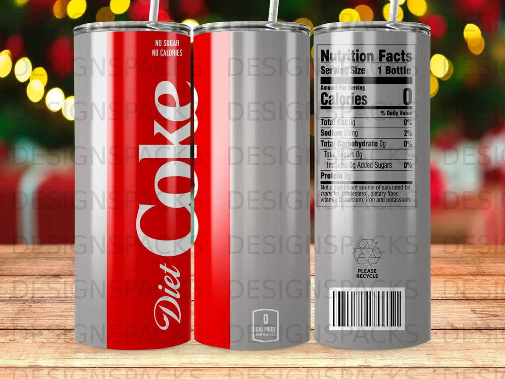 Coca-Cola can with "No Sugar" and "No Calories" labels, plus nutrition facts.
