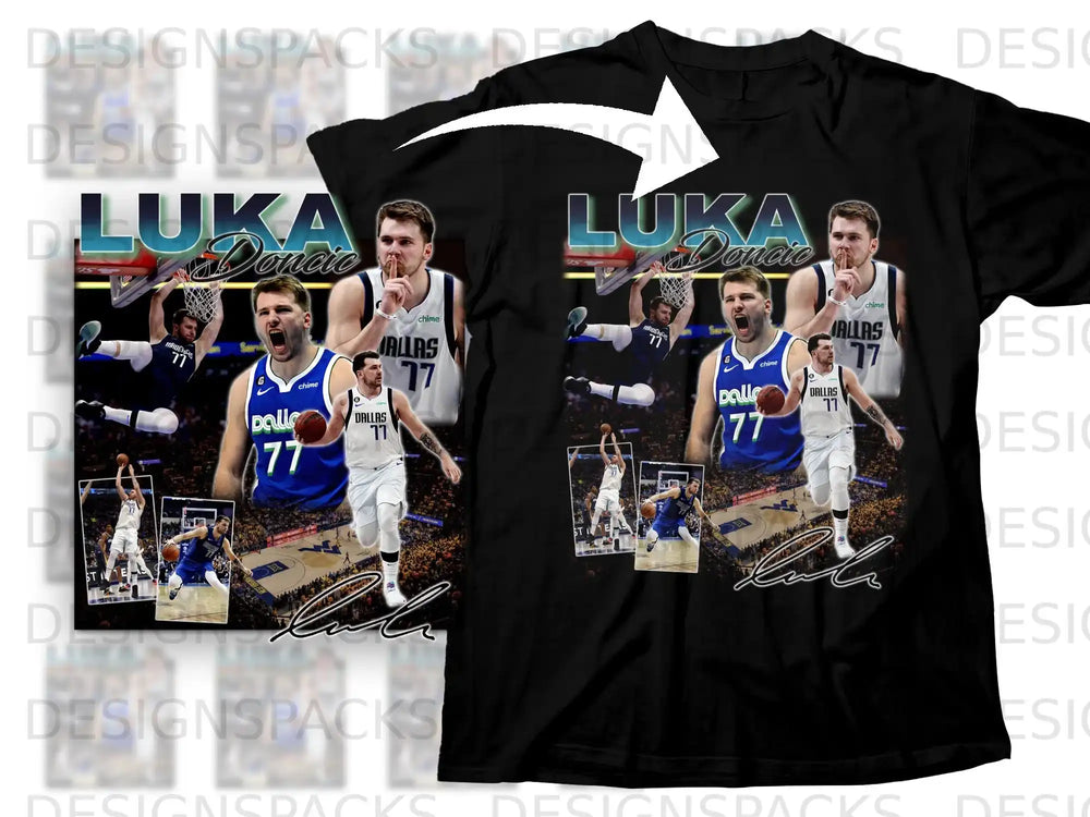 Dallas Mavericks Luka Dončić with "Luka Doncic" text and basketball graphics.