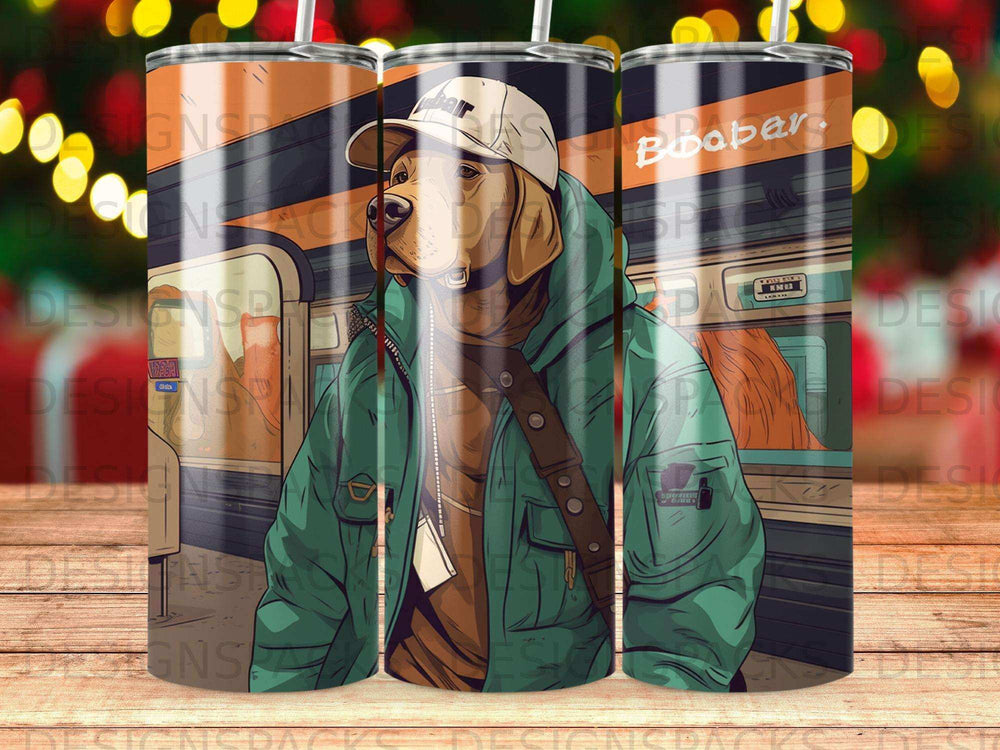 Beagle in green jacket and cap, leaning against train car.