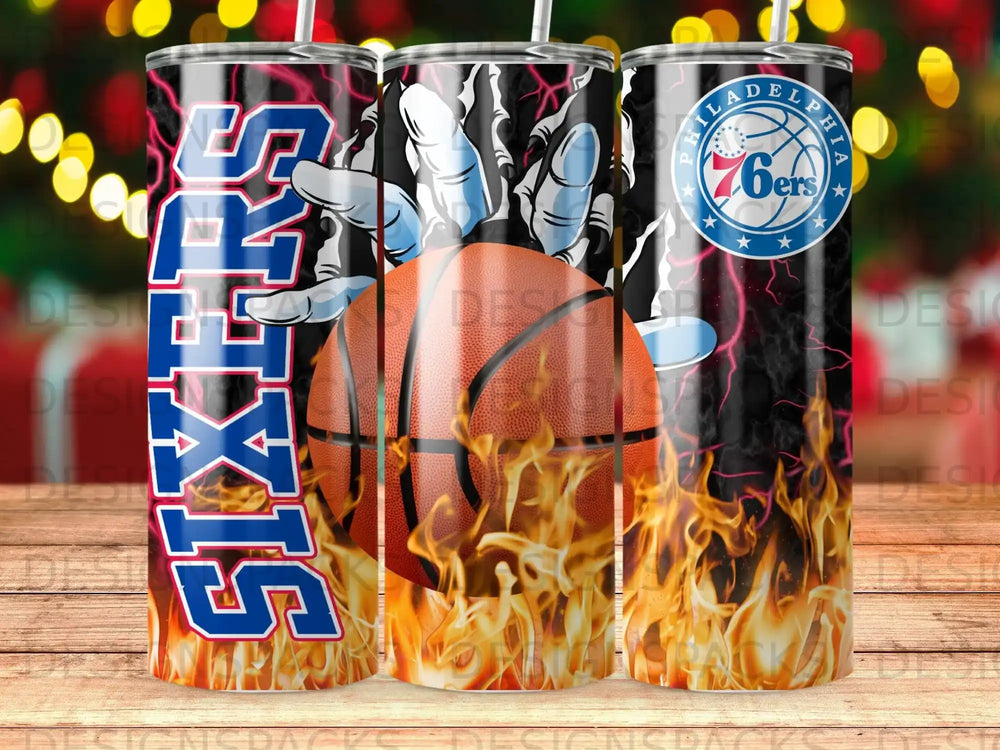 Philadelphia 76ers basketball tumbler with flames and team logo.