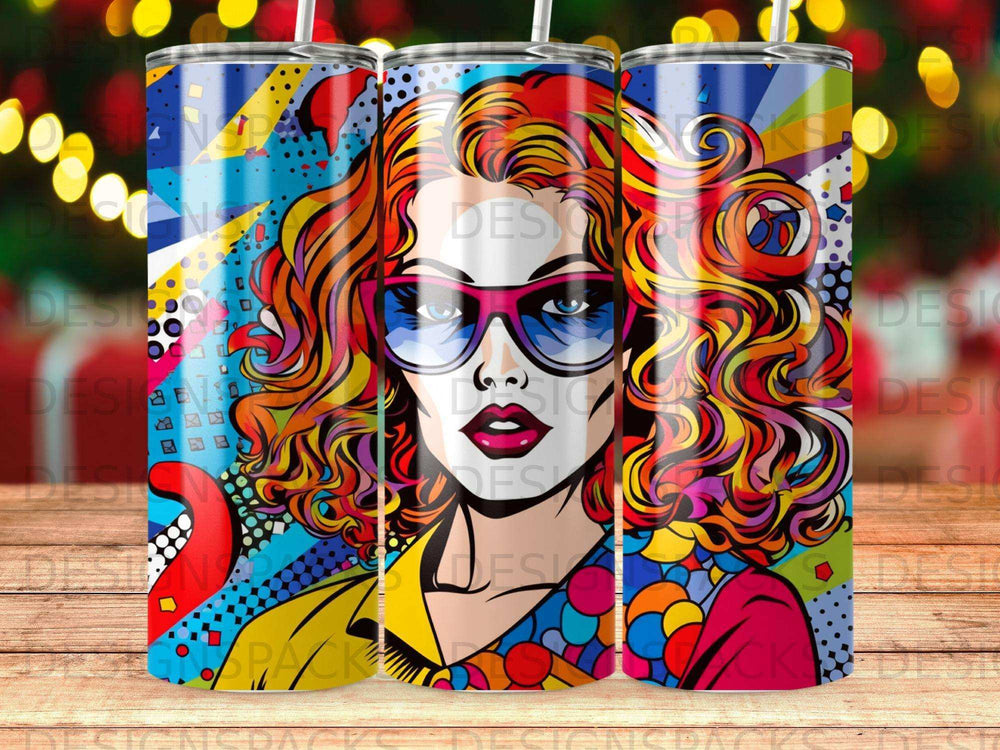 Colorful portrait of a woman with bright, curly hair and sunglasses.