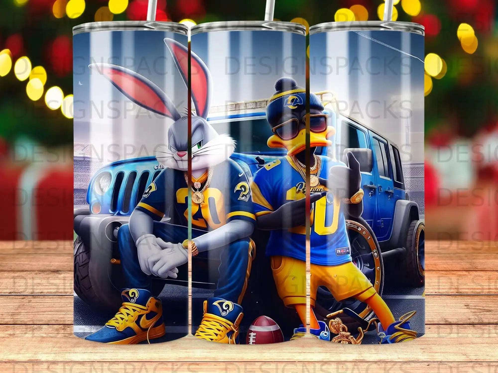 Looney Tunes characters Bugs Bunny and Daffy Duck with Rams logos on a blue vehicle.