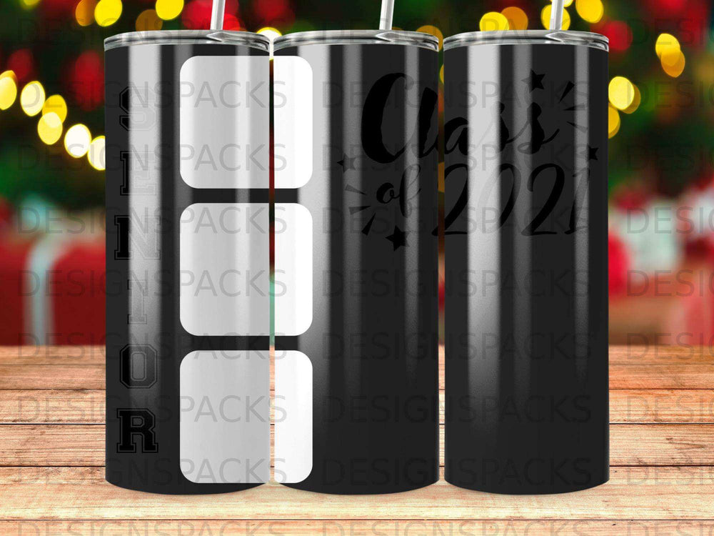 Class of 2024 tumbler with black and white design and white straw.