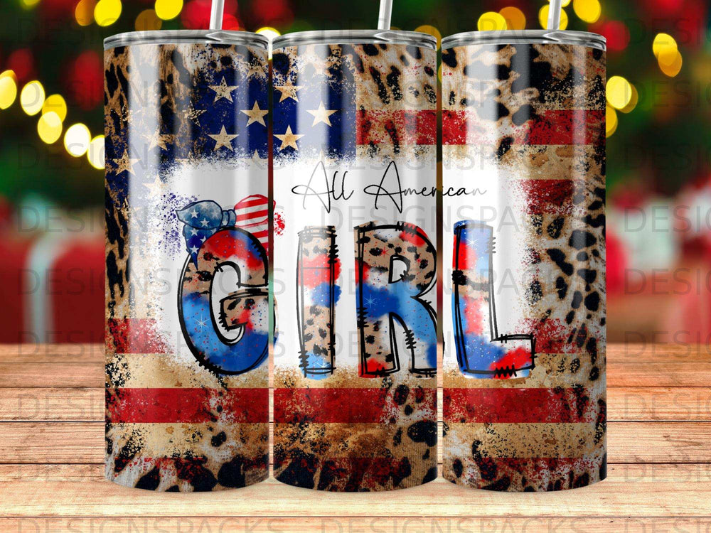 Tumbler with American flag, leopard print, and "All American Girl" text.
