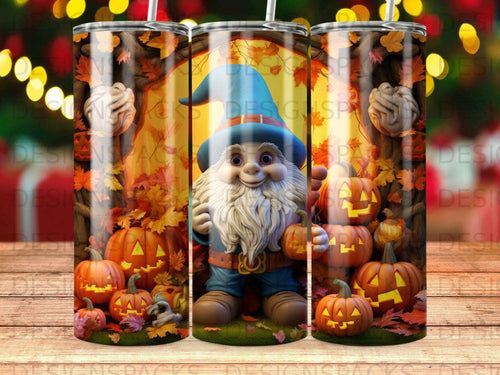 Gnome with pumpkins and autumn leaves.