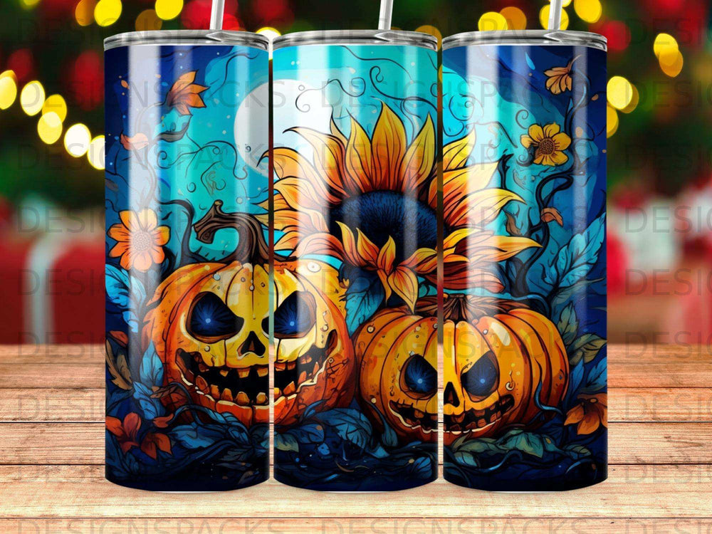 Halloween pumpkins and sunflower with moon and bokeh lights.