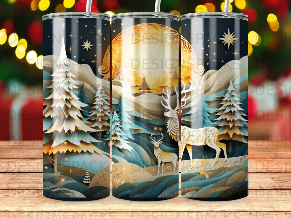 Golden deer in a winter forest scene with moon and stars.