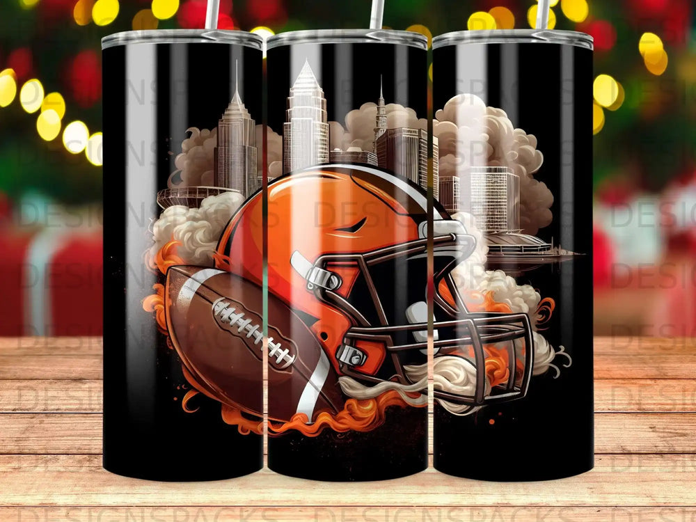 Cleveland Browns football helmet and cityscape on a black tumbler.