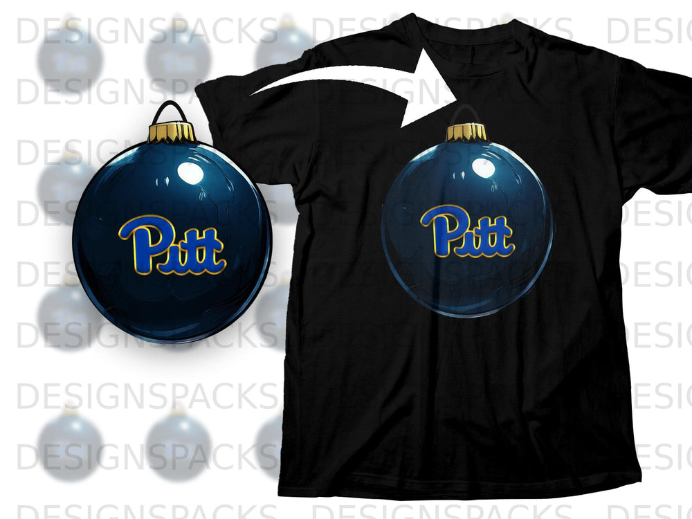 Black t-shirt with a blue Pitt Christmas ornament on the chest.
