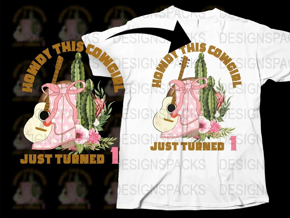 Kids Cowboy Birthday Shirt, Western Theme First Birthday, Cowgirl Pink Guitar Cactus Graphic Tee