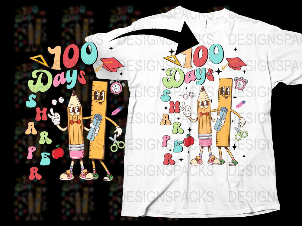 100 Days of School T-Shirt, Colorful Cartoon Pencil Characters, Kids Celebration Tee, Fun and Educational Design, Unisex Children's Apparel
