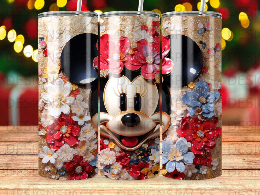 Minnie Mouse tumbler with red bow and floral accents.