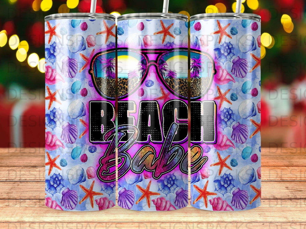 Beach Babe tumbler with seashells, starfish, and palm tree reflections in sunglasses.