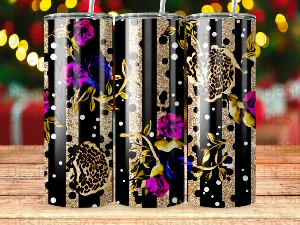 Black and gold tumbler with floral and leopard print designs.