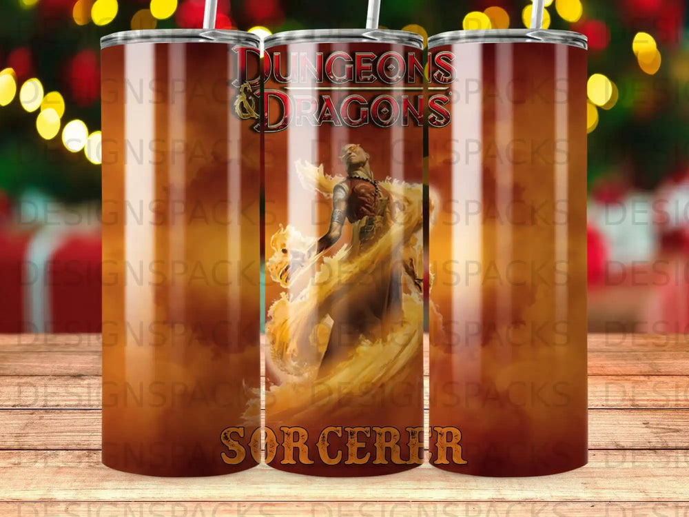 Dungeons & Dragons Sorcerer tumbler with fantasy art and text.