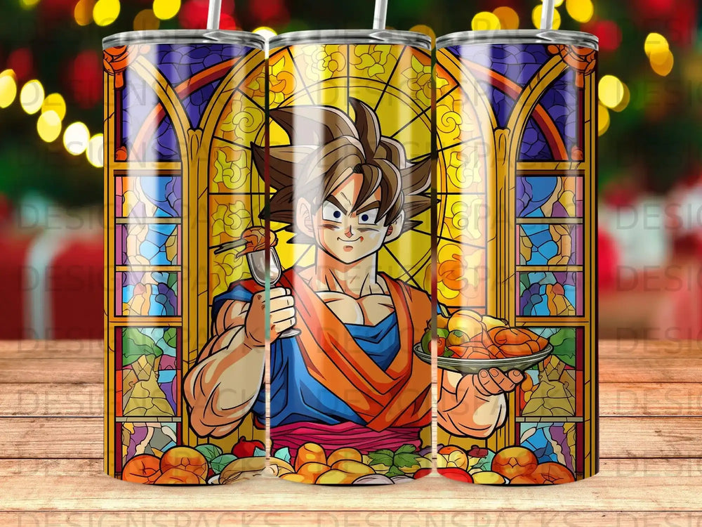 Anime character Goku holding a drink and plate of food with stained glass background.