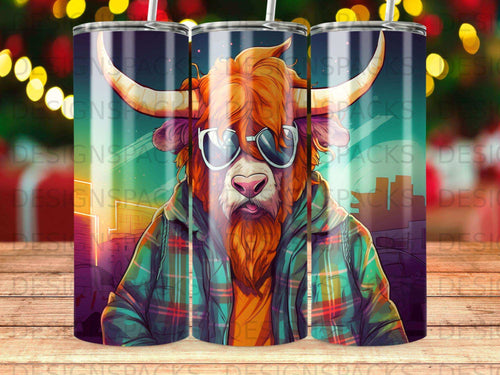 Highland cow wearing sunglasses and a plaid jacket, cartoon style.