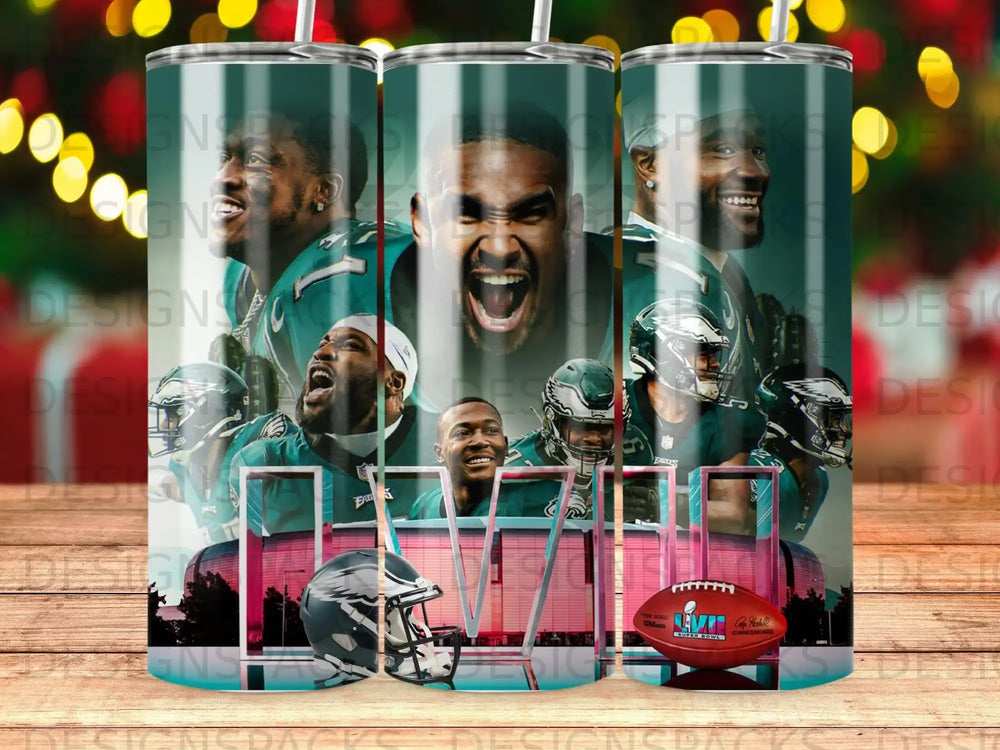 Philadelphia Eagles players and Super Bowl LII trophy with stadium background.