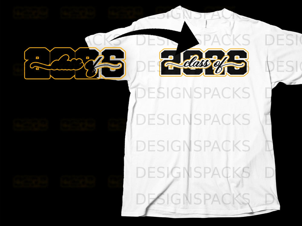 White t-shirt with "Class of 2023" text in black and gold.