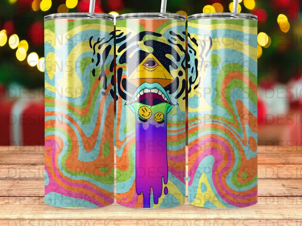 Psychedelic 20oz tumbler with an eye in a triangle and dripping colors.