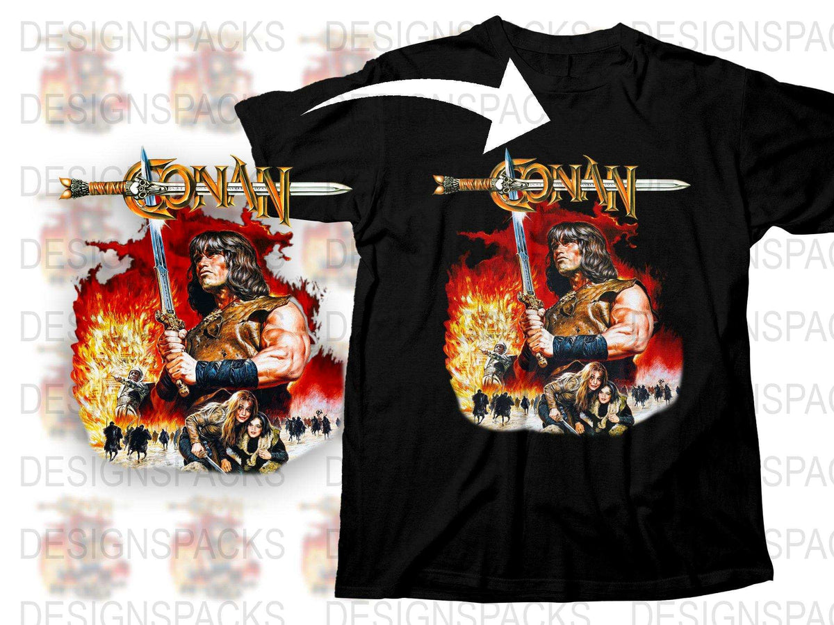 Conan Barbarian Graphic T-Shirt, Vintage Fantasy Warrior Fire Design, Retro Movie Fan Apparel, Unisex Black Tee