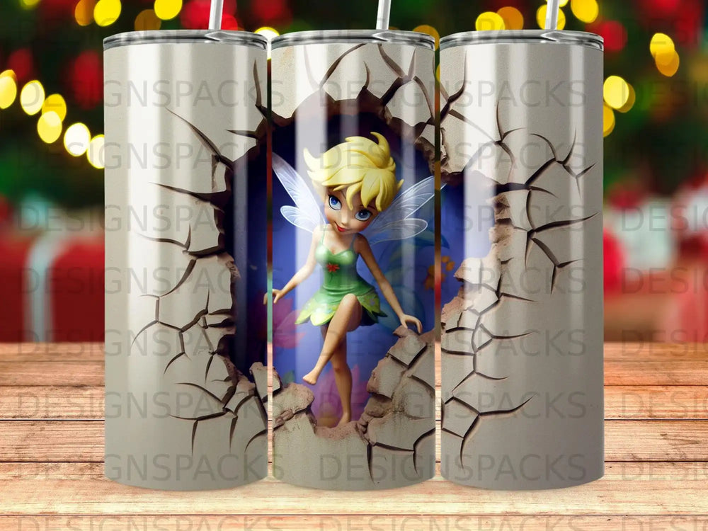 Fairy emerging from cracked design on tumbler with repeating watermark text.