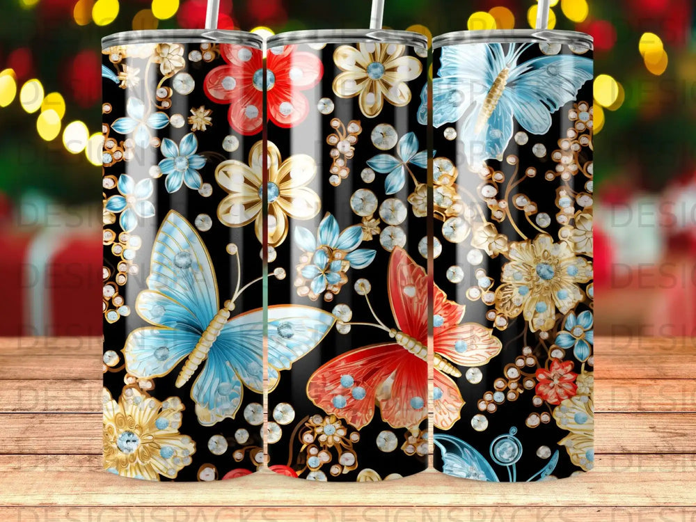 Tumbler wrap with blue and red butterflies, flowers, and gems on black.