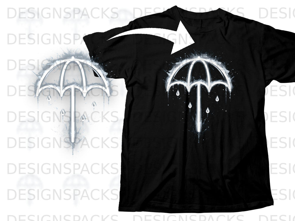 Black t-shirt with a white dripping umbrella graphic and splattered paint effect.