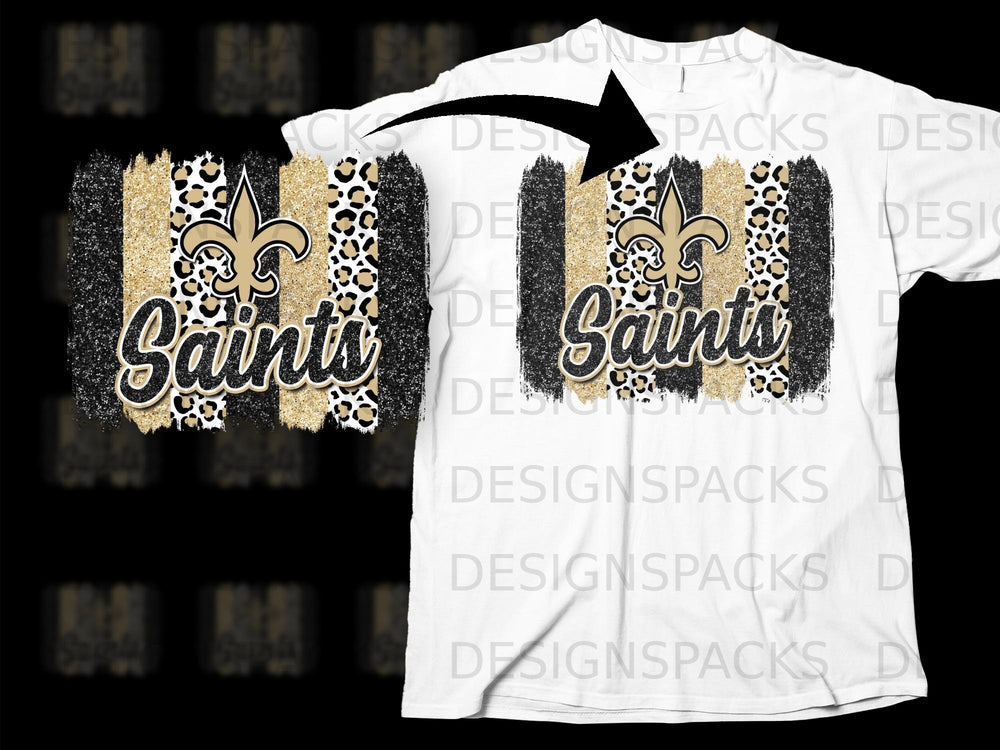 New Orleans Saints graphic with leopard print, glitter, and stripes.