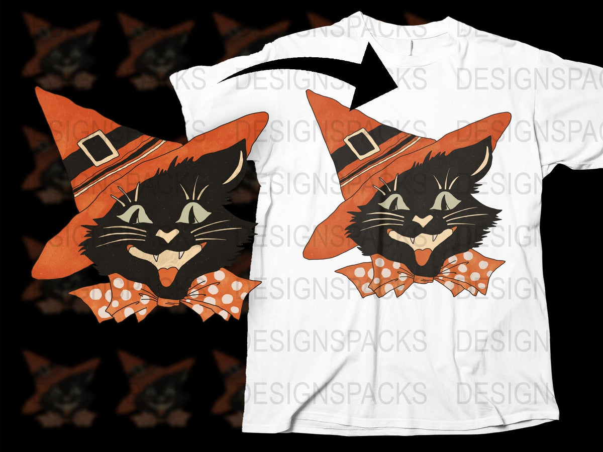 Halloween Witch Cat T-Shirt, Cute Black Cat Graphic Tee, Spooky Kitten with Hat Design, Fall Season Apparel