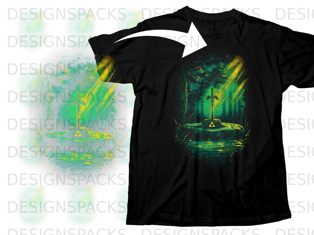 Black t-shirt with a graphic of the Master Sword in a forest setting.