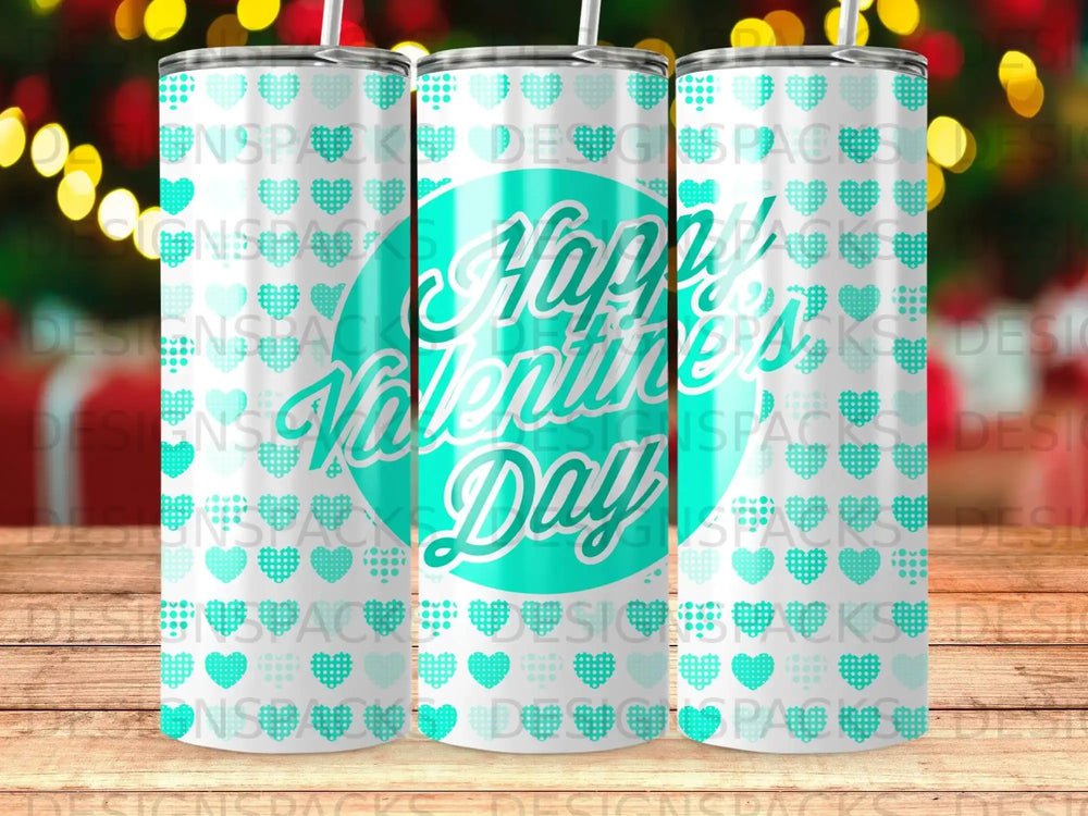 Two tumblers with "Happy Valentine's Day" text on a heart pattern background.