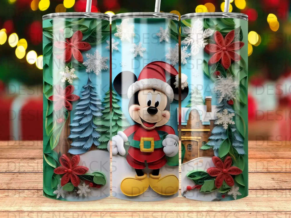 Mickey Mouse in Santa hat with festive decorations and winter scene.