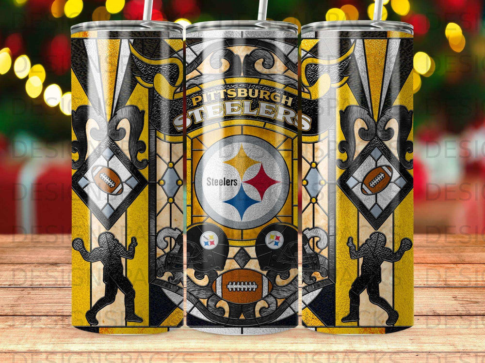 Pittsburgh Steelers logo on a stained-glass style tumbler with football imagery.