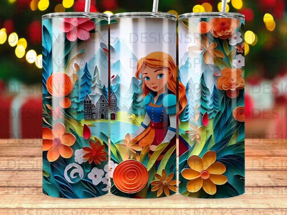 Cartoon girl in colorful dress surrounded by fantasy forest and floral elements.