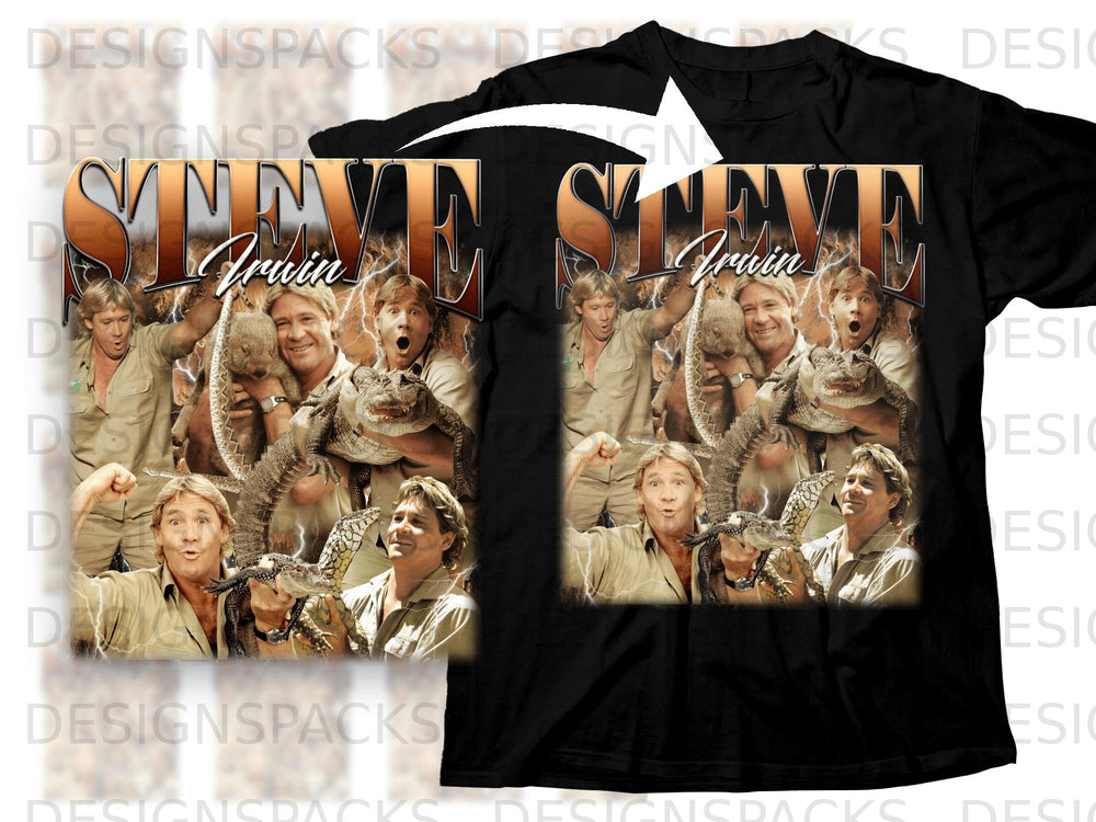 Collage of Steve Irwin with crocodiles and a wombat, text reads "Steve Irwin".