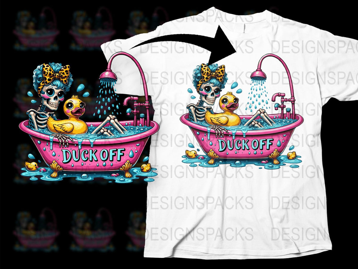 Duck Off Bath Time Skeleton Duck Graphic T-Shirt, Colorful Quirky Cartoon Tee, Unique Duck Lover Gift