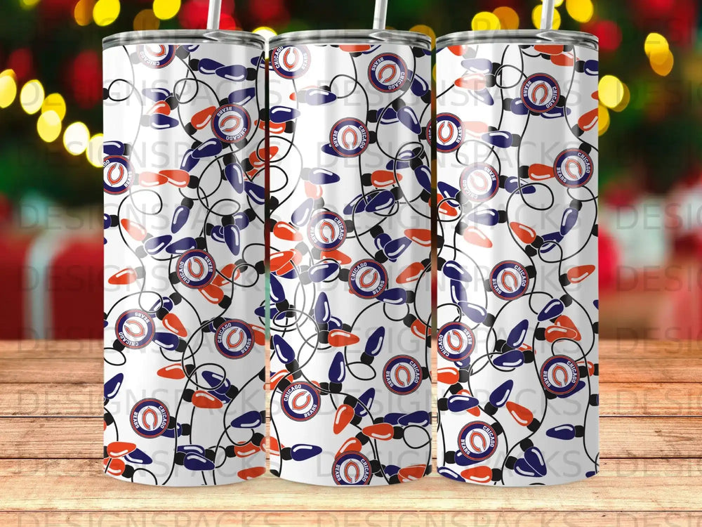 Chicago Bears holiday lights pattern on white tumbler.