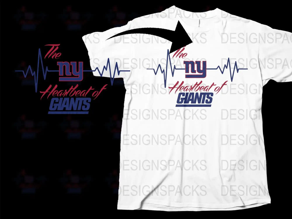 New York Giants Fan T-Shirt, Heartbeat Design, Bold Typography, NFL Team Colors, Football Enthusiast Gear, Casual Sportswear