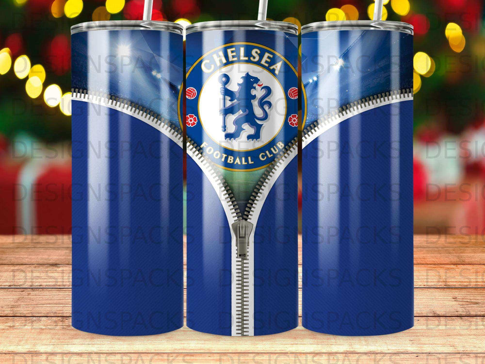 Chelsea Football Club logo on a blue zipper pattern tumbler.