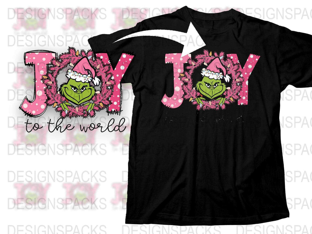 Joy to the World Grinch T-Shirt, Christmas Holiday Festive Top, Unisex Black Tee with Pink Graphics