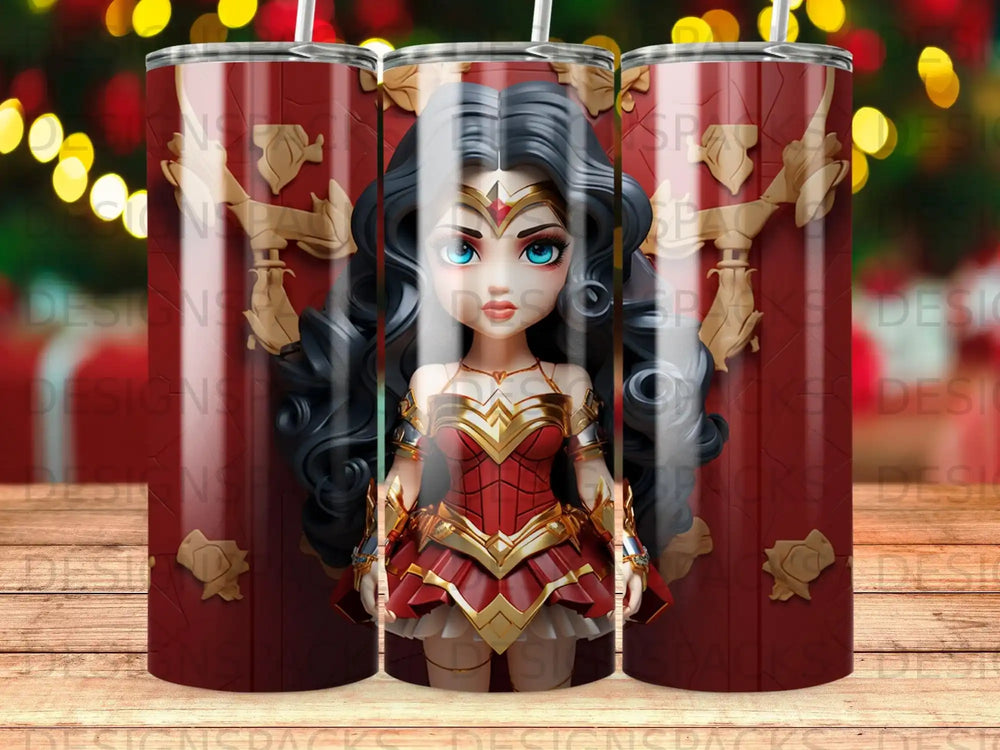 Wonder Woman in her classic outfit on a red patterned tumbler.