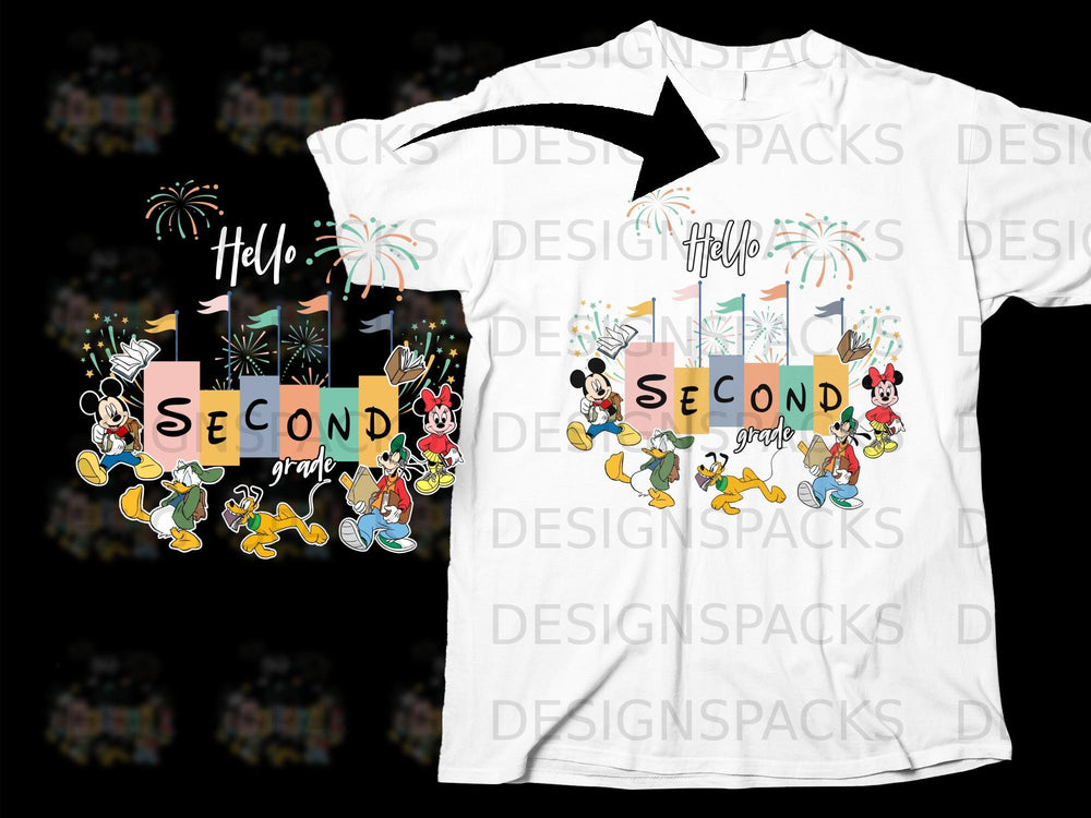 Mickey, Minnie, Donald, Goofy, and Pluto with "Hello Second Grade" text.