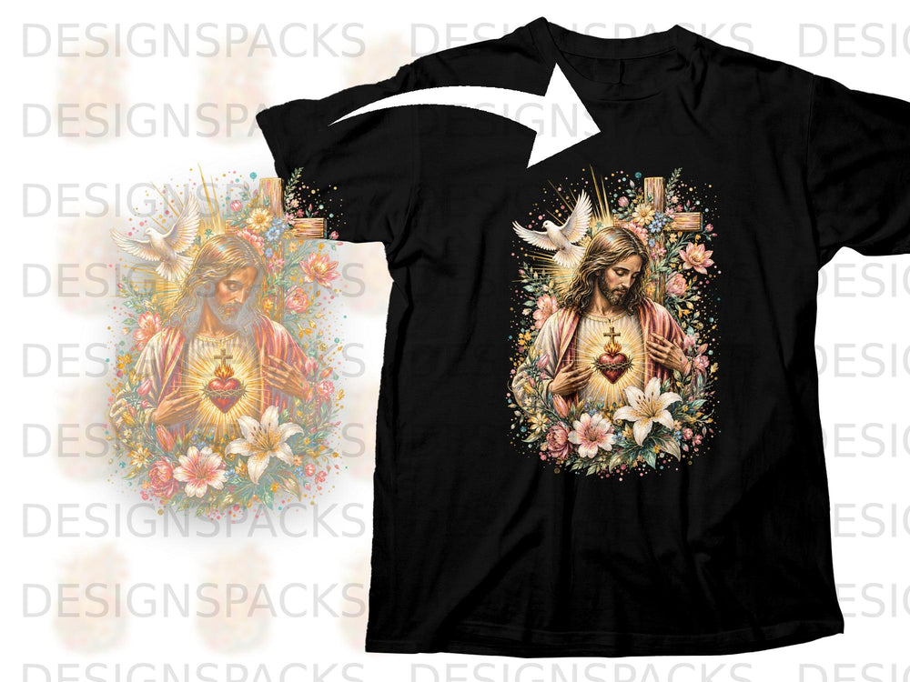 Jesus with Sacred Heart, doves, cross, and floral border on black t-shirt.