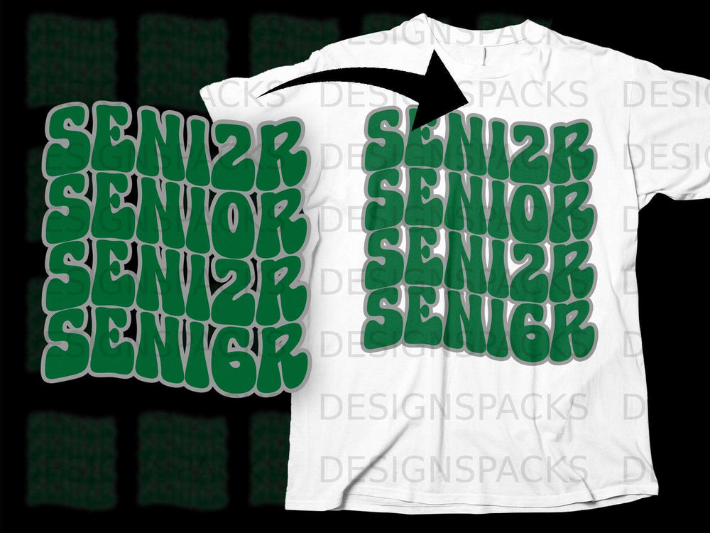 Green "SENIOR" text design with a retro font and outline on a white t-shirt.