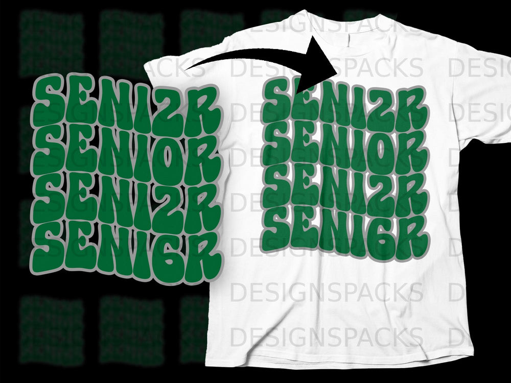 Green "SENIOR" text design with a retro font and outline on a white t-shirt.