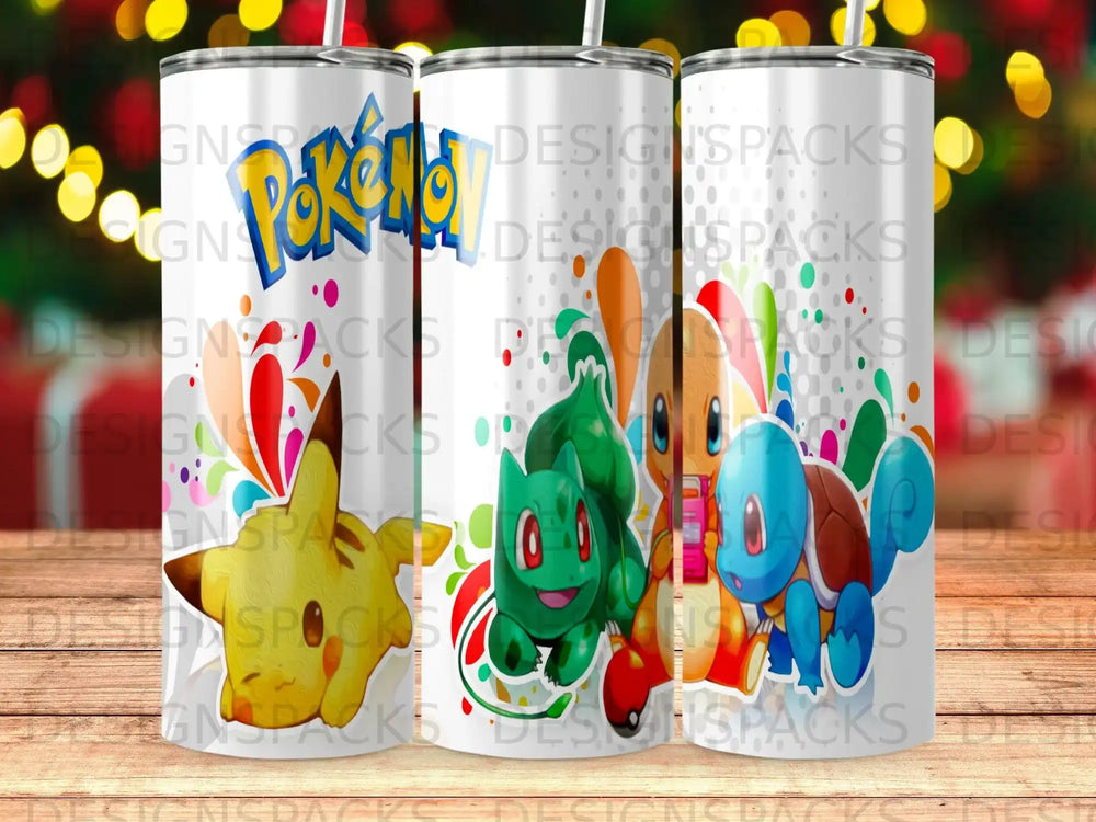 Pokemon characters Bulbasaur, Charmander, and Squirtle on a white tumbler.